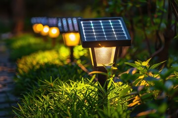 Solar Powered Pathway Lights Illuminating Garden