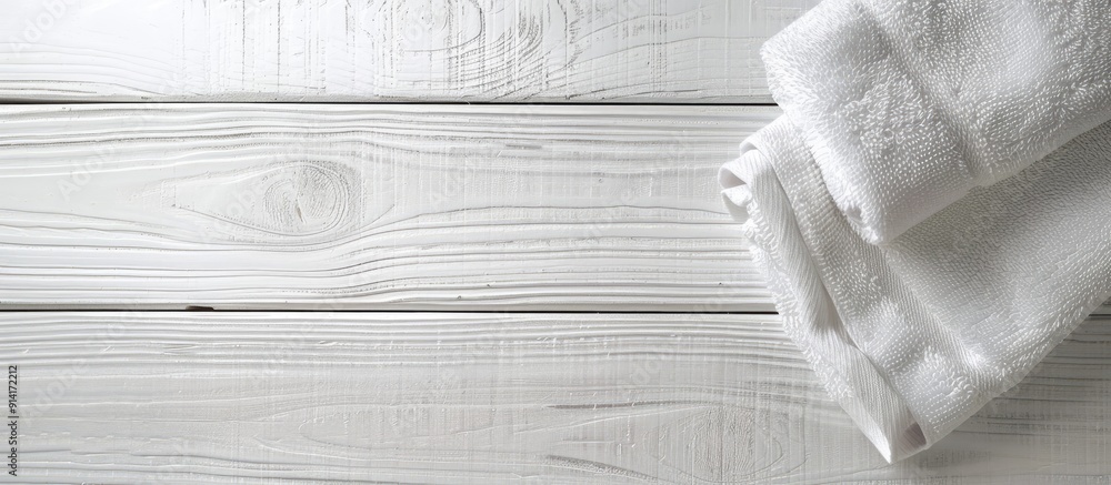 Poster white wooden surface showcasing a towel with copy space image