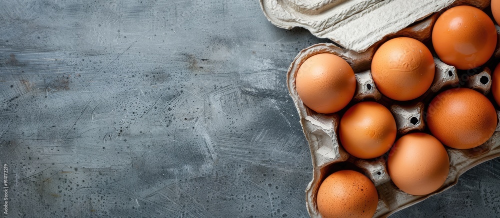 Poster An open egg carton containing fresh brown chicken eggs with available copy space in the image