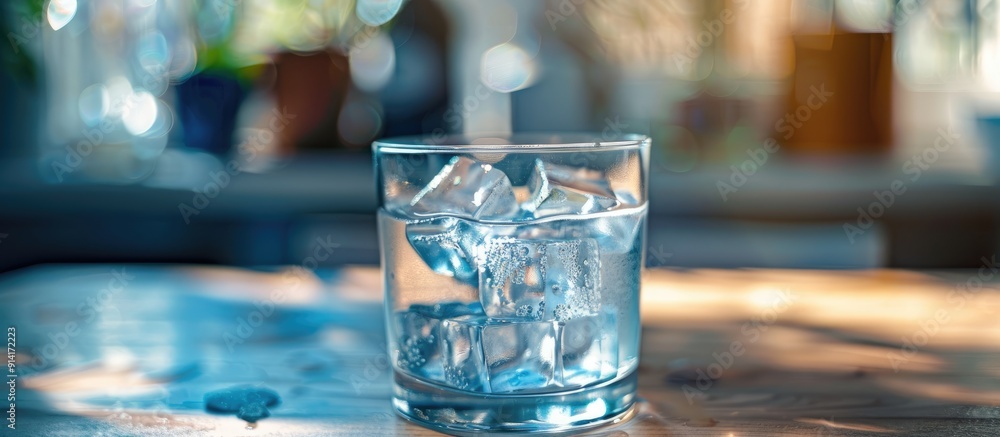 Poster Glass with ice cubes on a table with copy space image