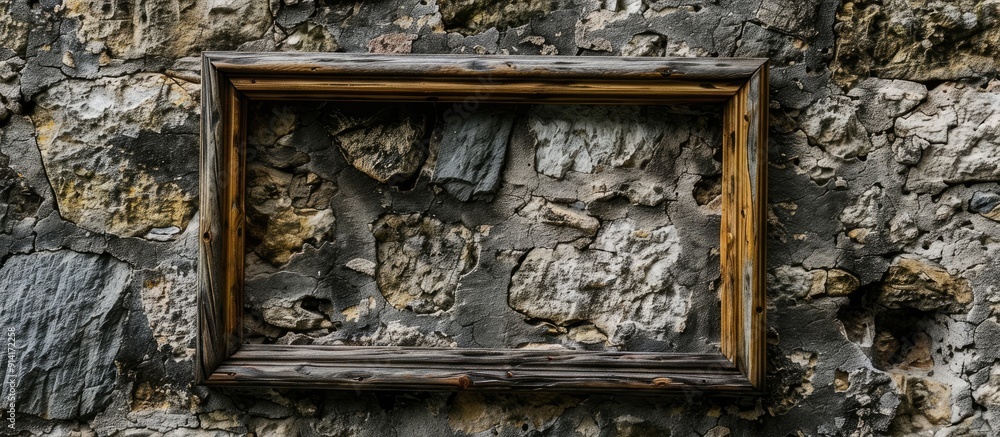 Aufkleber An old rustic wooden frame hangs against a textured stone wall offering a visually appealing copy space image