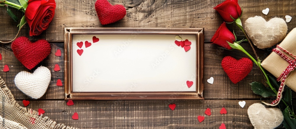 Poster top view of a valentine s day themed arrangement on a table featuring a photo frame or greeting card