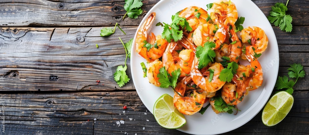 Poster a tasty dish of crispy fried shrimp topped with lime wedges and fresh coriander on a white plate pla