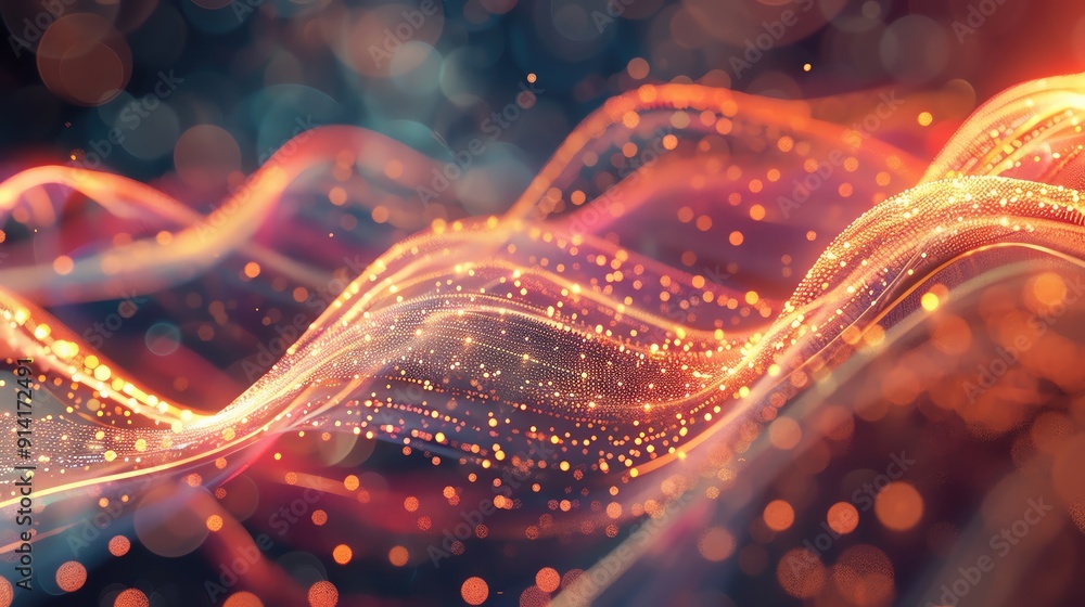 Poster a stunning abstract image showcasing vibrant waves of light and sparkling particles, ideal for digit