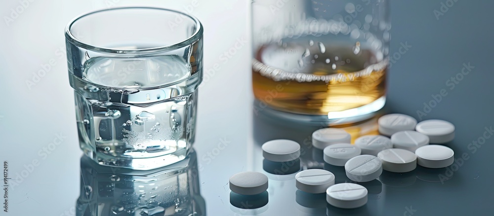 Poster pain relief medication in liquid and tablet form with copy space image