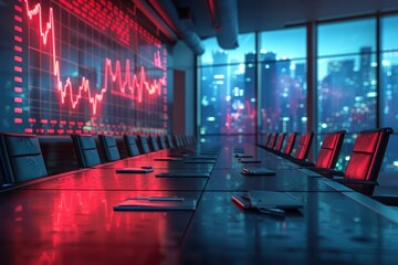 Boardroom with City View and Financial Chart