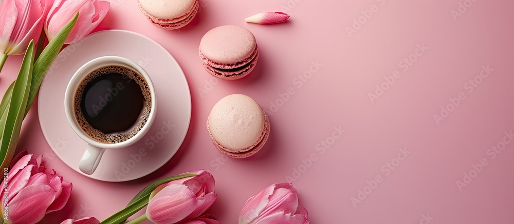Poster pink tulip bouquet coffee and macaroons on pink backdrop create an anniversary celebration theme wit