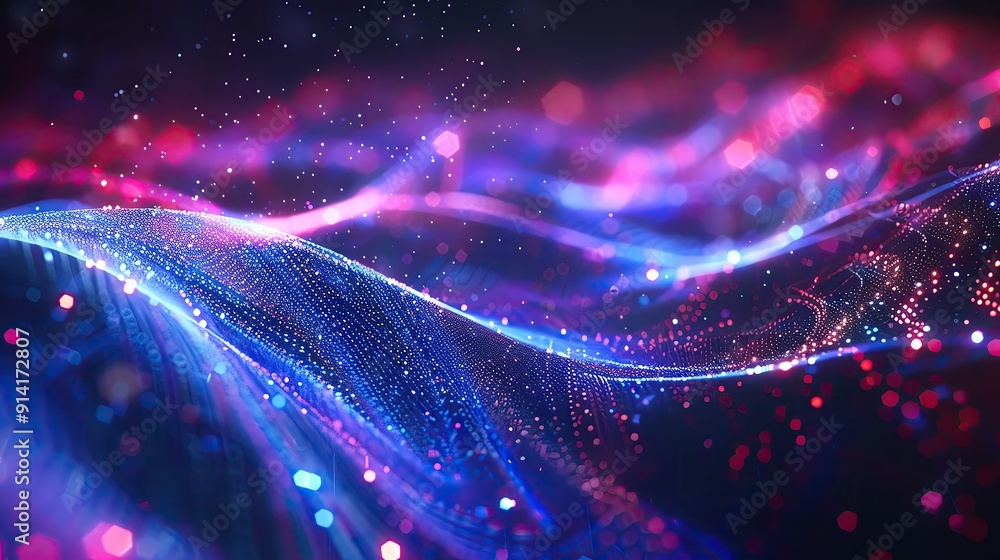 Poster abstract waves of light create a vibrant and dynamic visualization, blending colors in a mesmerizing
