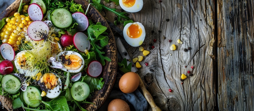 Poster top view of a fresh vegetable salad with corn radish onion cucumber and quail eggs on a wooden surfa