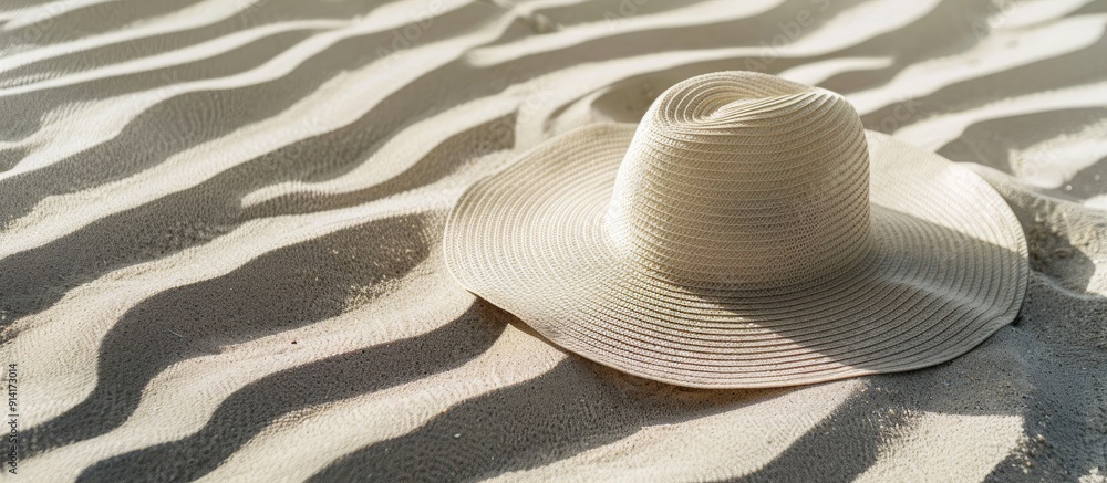 Poster elegant hat for women displayed on a sandy surface with a backdrop that offers space for inserting a