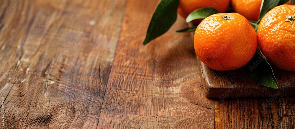 Poster tangerine displayed on a wooden board with copy space image
