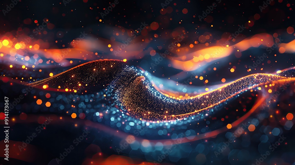 Poster a mesmerizing wave of vibrant colors and glowing particles, creating an ethereal digital landscape t