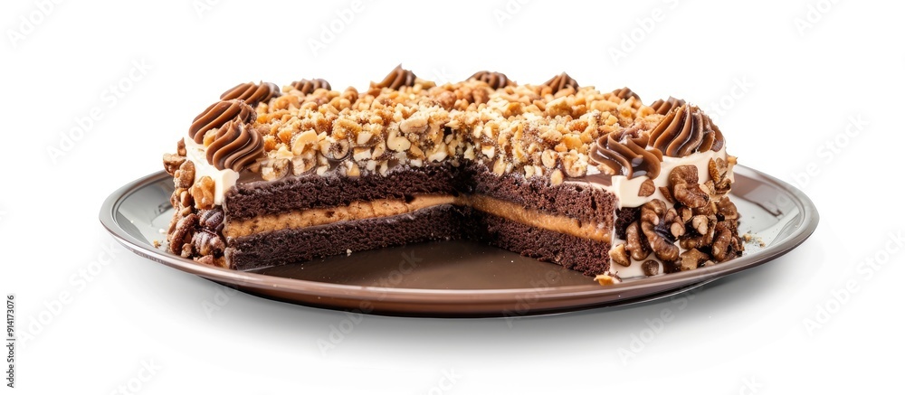 Poster A walnut toffee cake presented on a plastic plate against a white background with ample copy space isolated includes a clipping path for easy editing