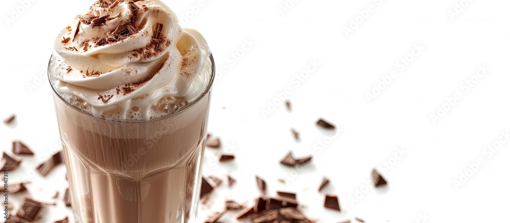 Poster a glass of chocolate milkshake on a white background with copy space image