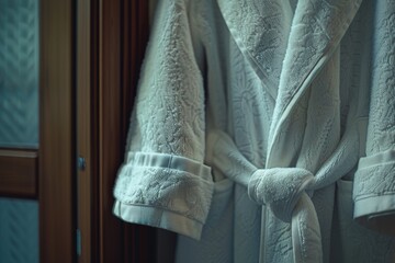 A plush spa robe hangs elegantly on a polished wooden hook, inviting relaxation. The robe's soft folds and the hook's warm wood tone evoke a sense of serenity.