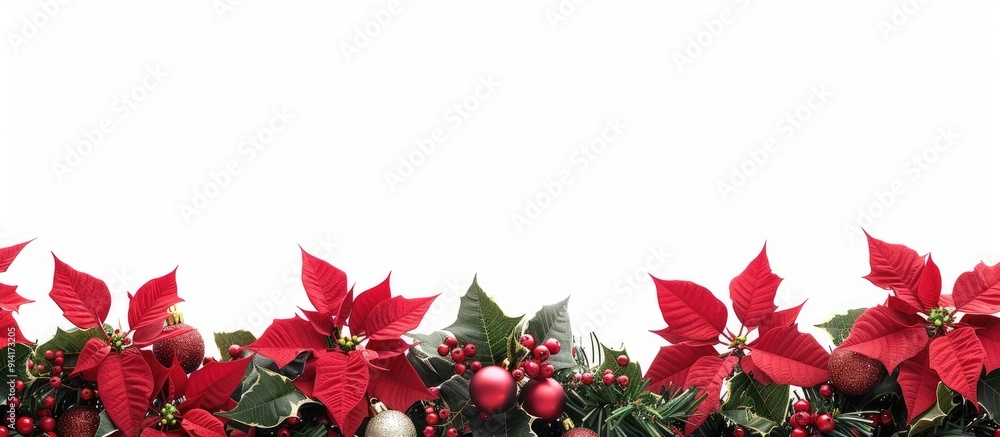 Aufkleber Festive border featuring poinsettias and holiday ornaments set against a white backdrop designed for adding text in a copy space image