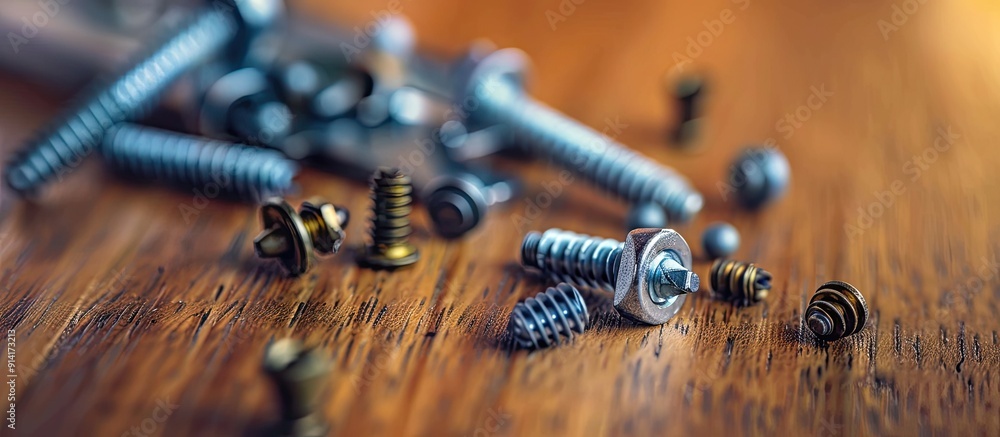 Poster An image showing screws and small bolts on a table with copy space image