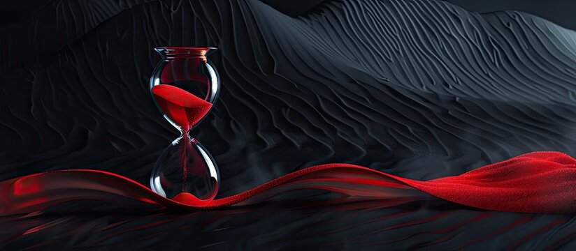 An hourglass on a dark background with red sand flowing through depicting time passing in a countdown to a deadline with copy space image