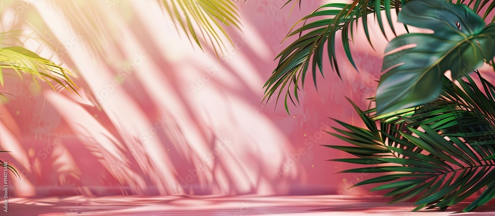 Poster tropical palm leaves on a soft pink surface create a summery scene with ample copy space for creativ