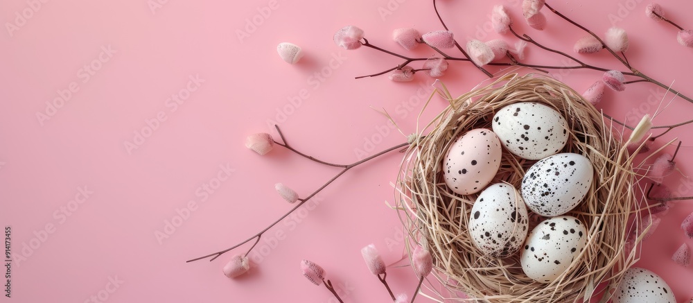 Aufkleber easter greeting card with white basket of quail eggs and dry grass branch on pink background featuri