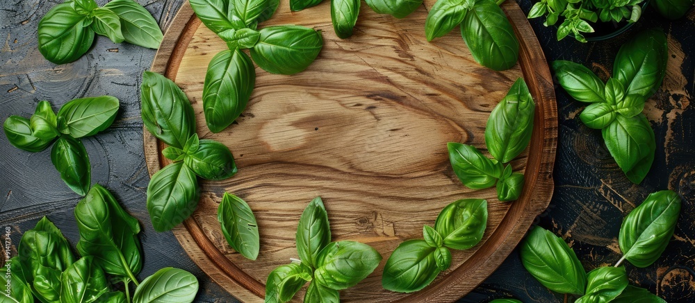 Poster Top view of a round wooden cutting board with a spoon surrounded by basil leaves creating a healthy food concept in the copy space image