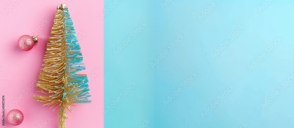 Poster festive new year background featuring a pink and blue color scheme alongside a small toy golden home