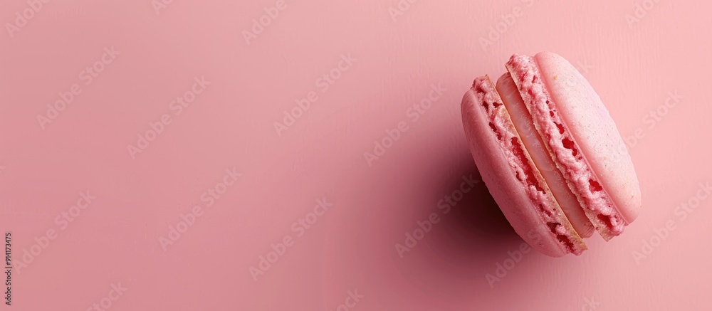 Leinwandbilder top view of a pink macaroon biscuit on a pink background with copy space image emphasizing minimalis