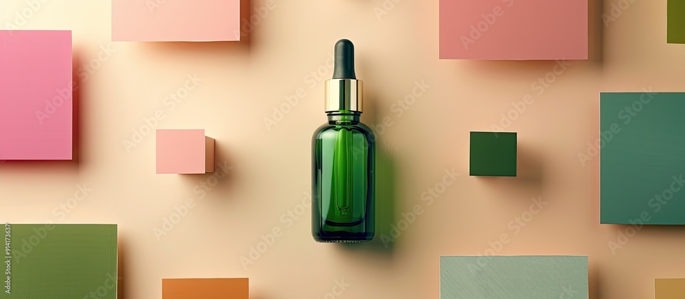 Fototapete minimal concept for advertising and product promotion featuring a green serum bottle with dropper ca