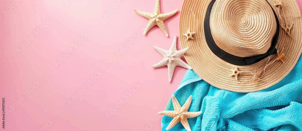 Poster top down summer holiday theme with a pink background featuring a straw hat blue towel and starfish i