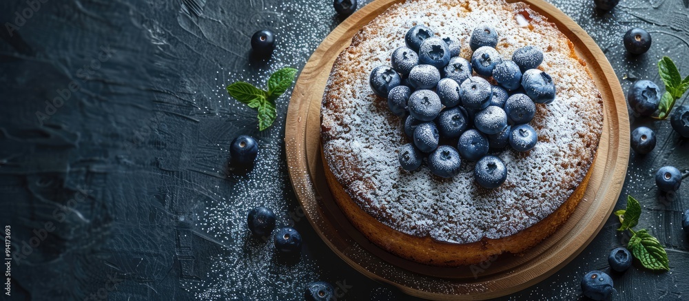 Poster top view of a sweet honey cake on a cutting board decorated with blueberries set against a concrete 