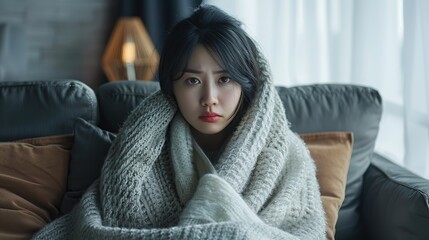 Fototapeta premium Young Asian woman suffering from flu symptoms, covered with a blanket on a sofa. Concept of illness, healthcare, and recovery. Stay indoors, stay healthy.