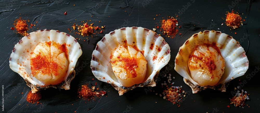 Poster scallops with seasoning seen from above against a black background providing ample space for additio