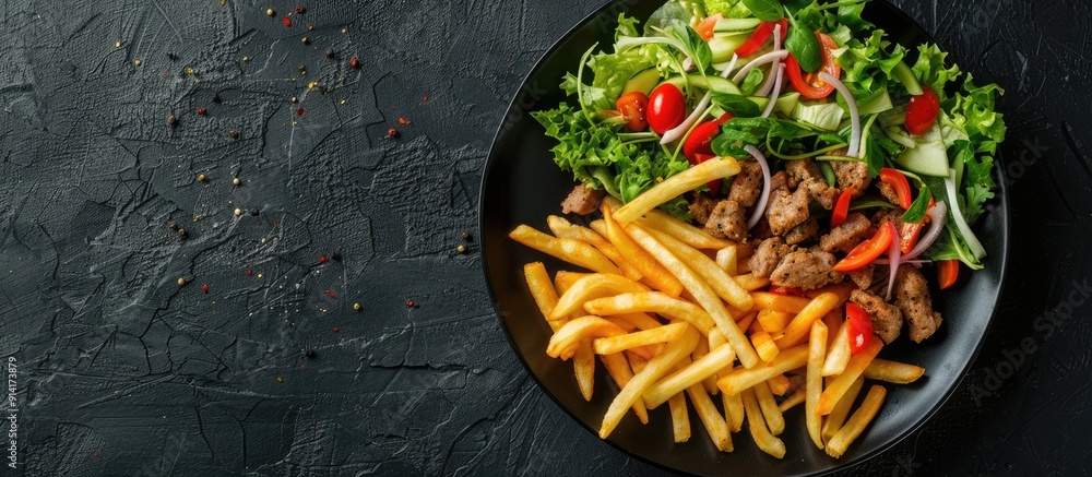 Poster a plate with shawarma doner kebab french fries and salad against a black background in a top view pr