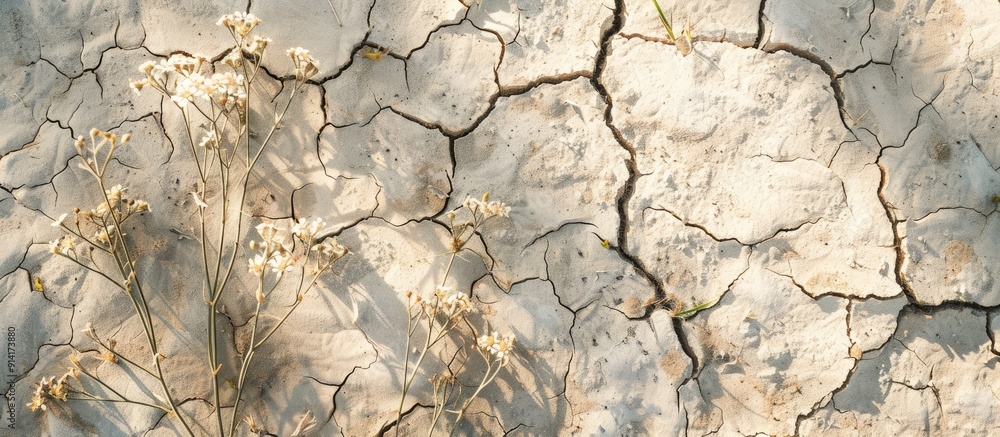 Poster The dry ground causes the grass flowers to wither illustrating the concept of a drought with a background suitable for inserting text or images known as copy space image