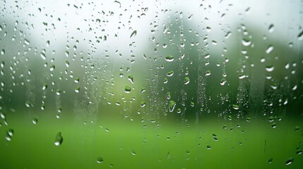 Raindrops on a window create a serene atmosphere, blurring the view of lush greenery outside on a rainy day.