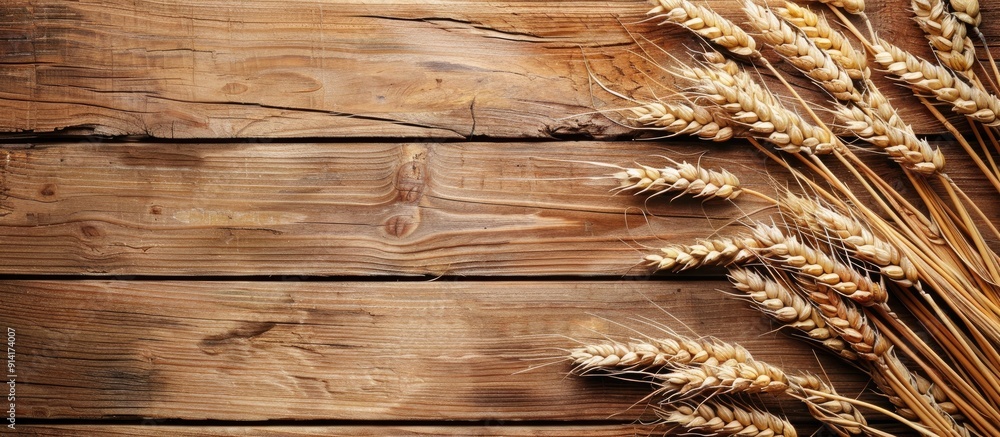 Poster wheat ears set on wooden backdrop depicting mediterranean diet ideal for copy space image