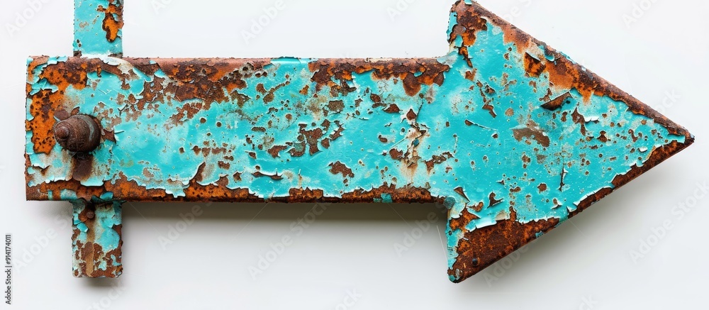 Poster rusty iron plate with peeling coating and scratches in cyan arrow shape on white backdrop ideal for 