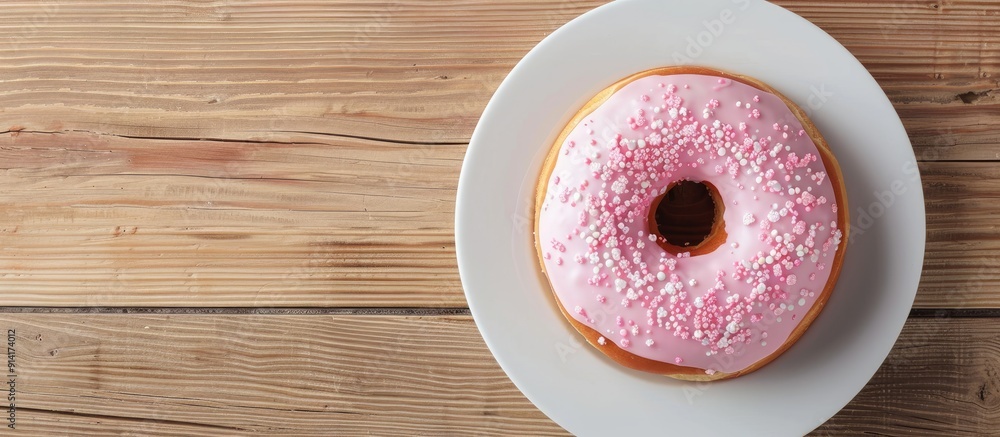 Aufkleber top view of a single pink donut displayed on a plate atop a wooden table with room for additional te