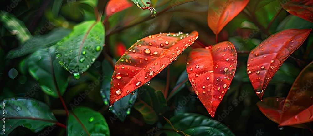Leinwandbilder in a lush forest setting there are tropical leaves in vibrant red and green hues capturing a serene 