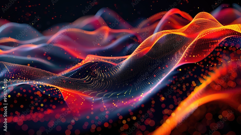 Poster abstract wave patterns in vibrant colors, showcasing a dynamic interplay of light and movement. perf