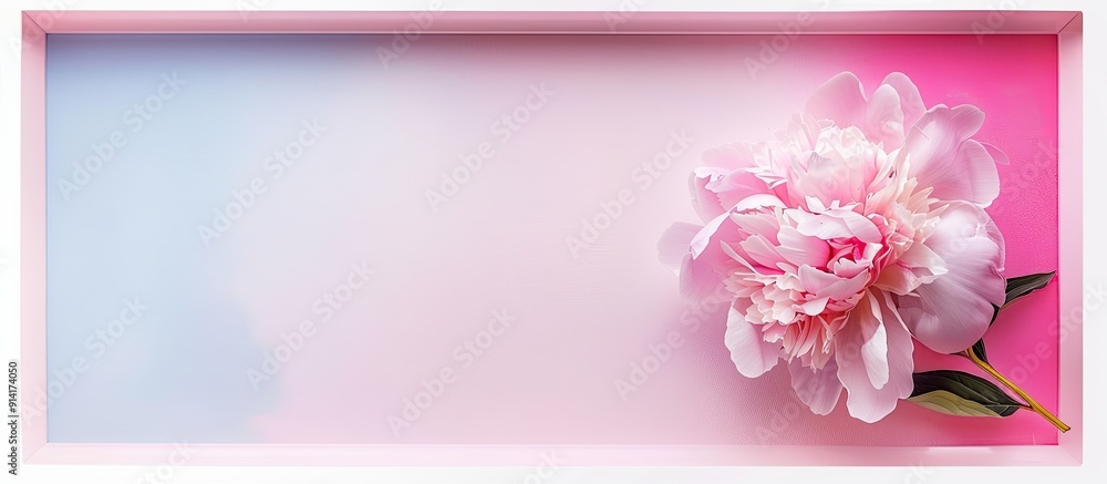 Poster Peony flower in pink close up on a colorful background within a white frame A minimalistic composition with a flat lay and top view emphasizing the natural concept and copy space image