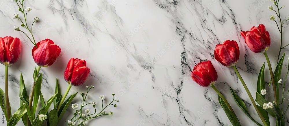 Sticker red tulips and greenery on marble table with copy space image