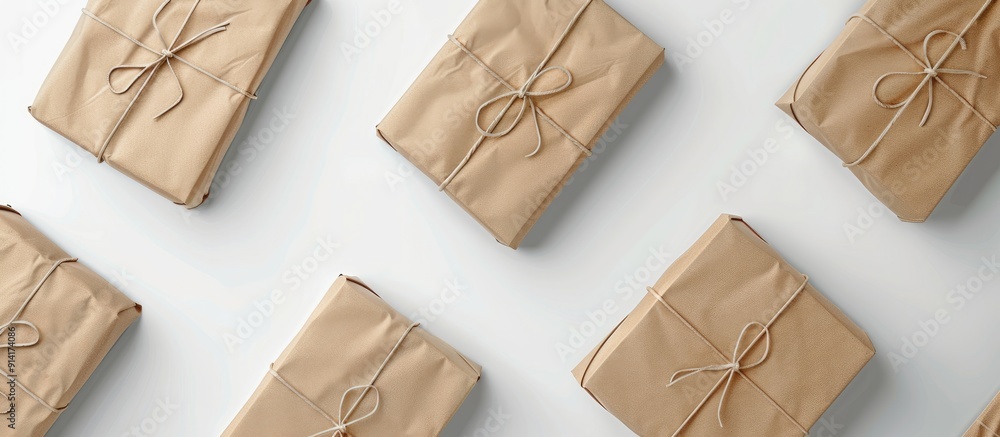 Aufkleber Top view mock up of wrapped boxes and a pad on a white background representing a parcel delivery concept with copy space image