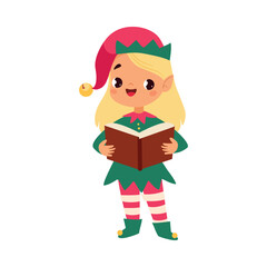 Girl Character in Elf Costume Sing Carols Celebrate Christmas Holiday at Winter Vector Illustration