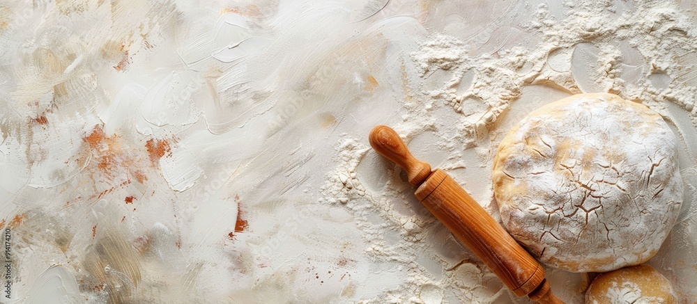 Poster Raw dough with flour and rolling pin for a cooking menu concept against a food themed background with plenty of copy space image