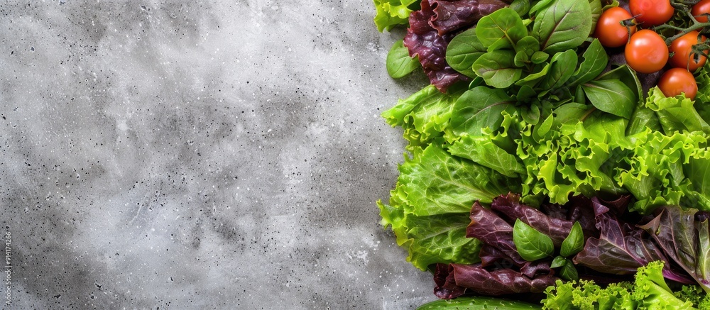 Poster Top view of lettuce and other raw vegetables with free space for text in the image. Creative banner. Copyspace image