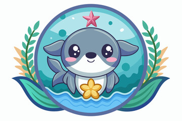 Obraz premium Cute Cartoon Dolphin with Starfish and Flower in Ocean Frame