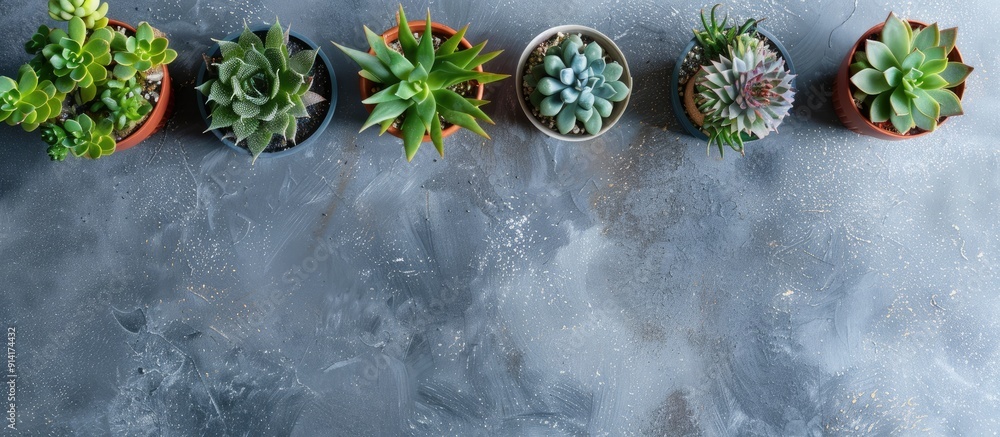 Aufkleber various house plants like haworthia and echeveria arranged in pots on a grey tabletop in a flat lay 