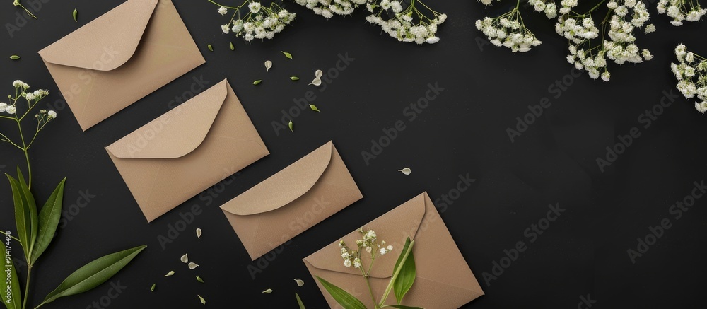 Aufkleber top view of wedding themed craft envelopes displayed against a black background accompanied by paper