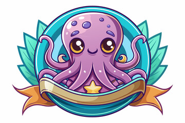 Cute Cartoon Purple Octopus with Big Eyes and a Ribbon Banner